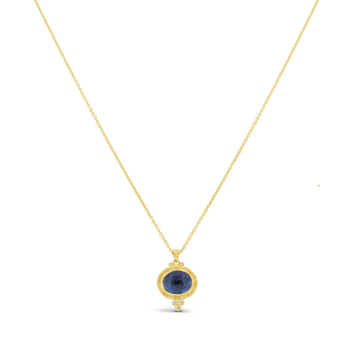Oval Cebuchon Kyanite and Diamond Necklace with Hammered Finish Halo