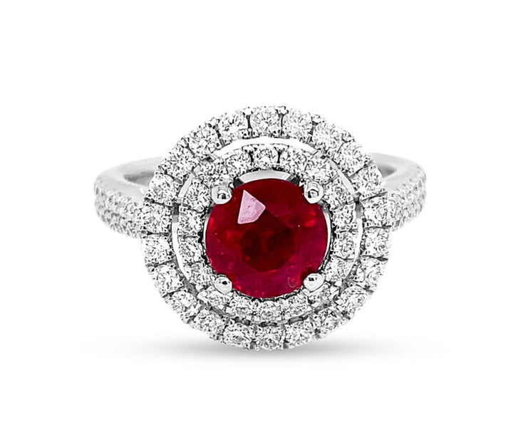 White Gold Double Halo Diamond & Ruby Ring - YJM7551R - The Diamond Guys