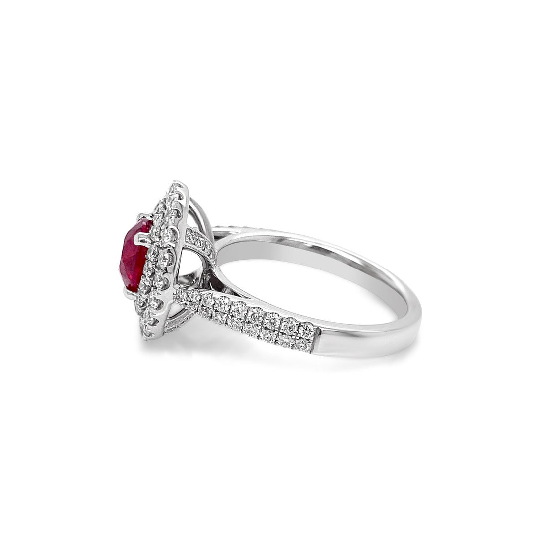 White Gold Double Halo Diamond & Ruby Ring - YJM7551R - The Diamond Guys