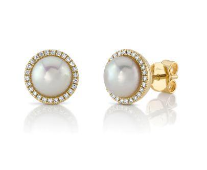 14K Yellow Gold Shy Creation Diamond & Cultured Pearl Stud Earrings - The Diamond Guys