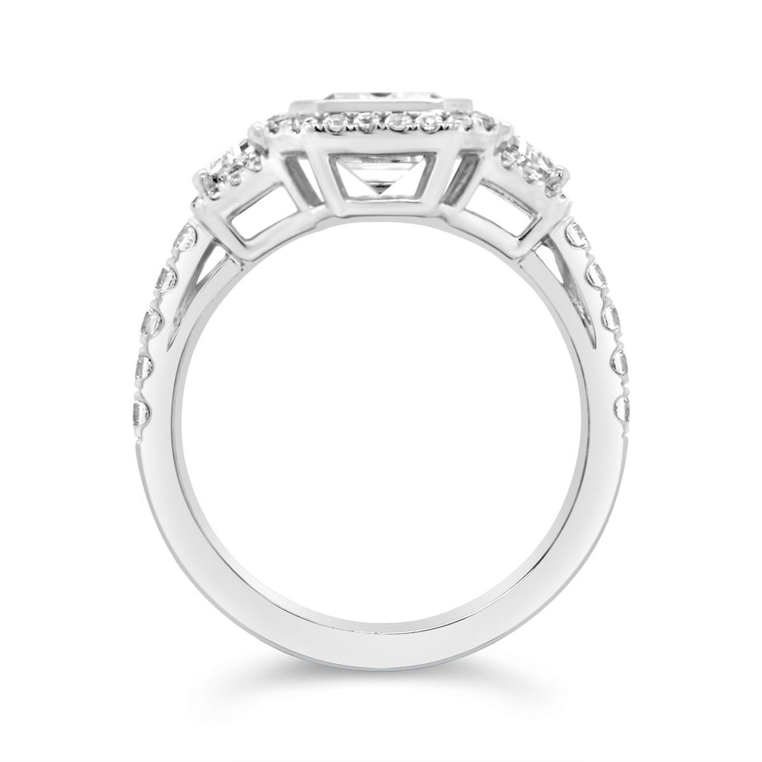 Three Stone Halo Diamond Engagement Ring - The Diamond Guys