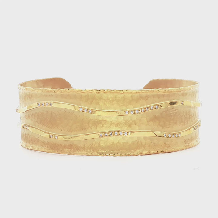 Yellow Gold Diamond Cuff Bangle with Hammered Finish - MDG8577