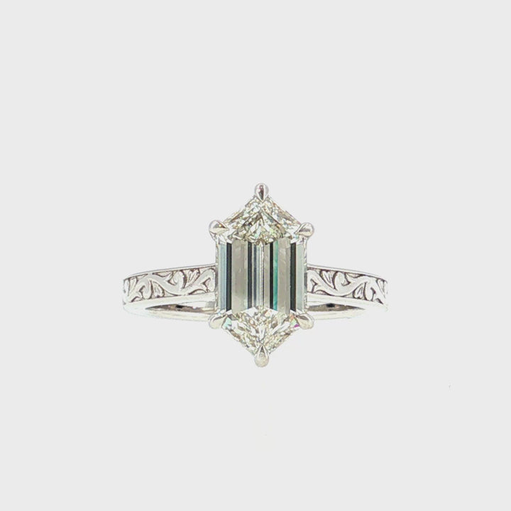 Lab Grown Hexagonal Diamond Engagement Ring with Engraved Finish