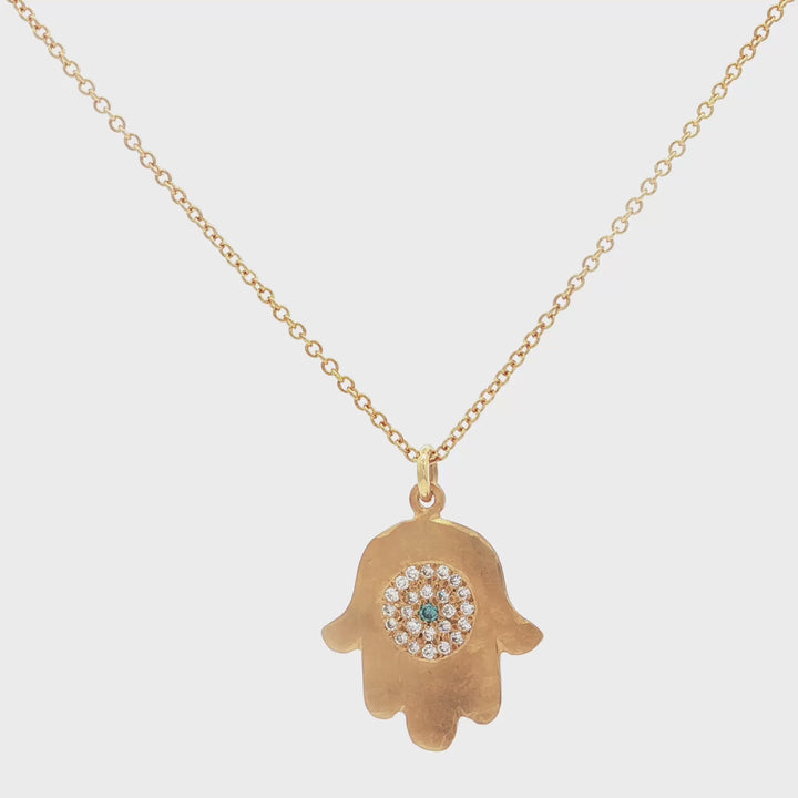 Yellow Gold Hammered Finshed Diamond Hamsa Necklace - MDG6282