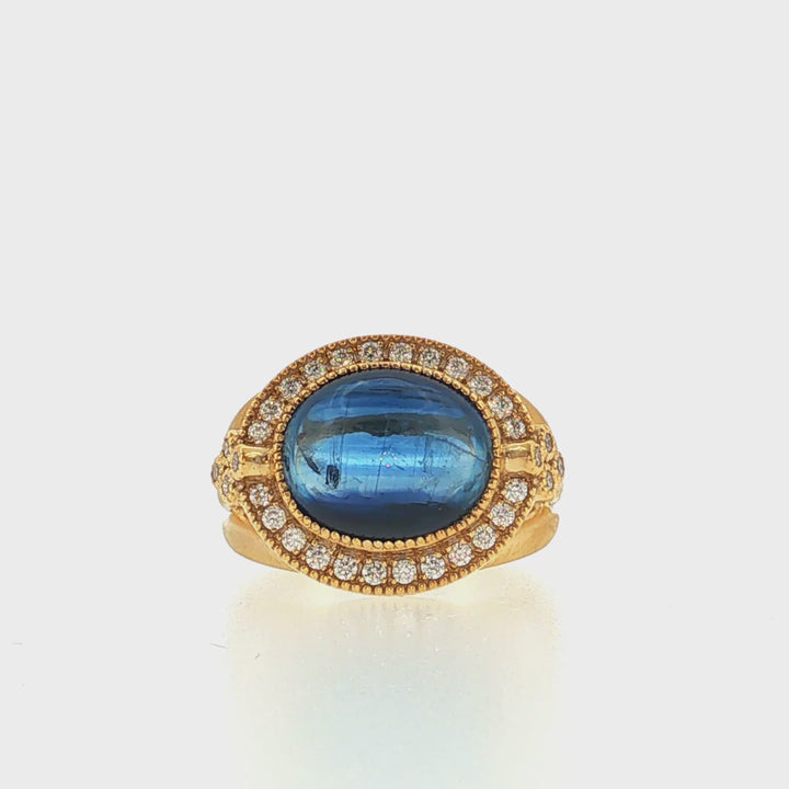 Oval Kyanite Cabuchon Center & Diamond Halo Fashion Ring