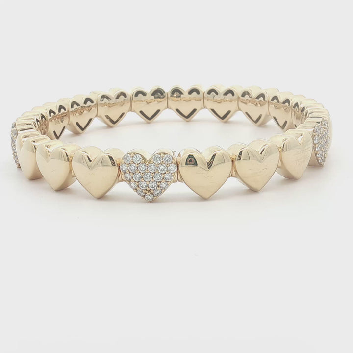 18K Yellow Gold Heart Stretch Diamond Bangle