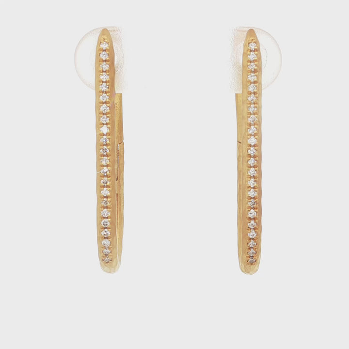 Yellow Gold Elongated Diamond Hoop Earrings with Hammered Finish - MDG8867