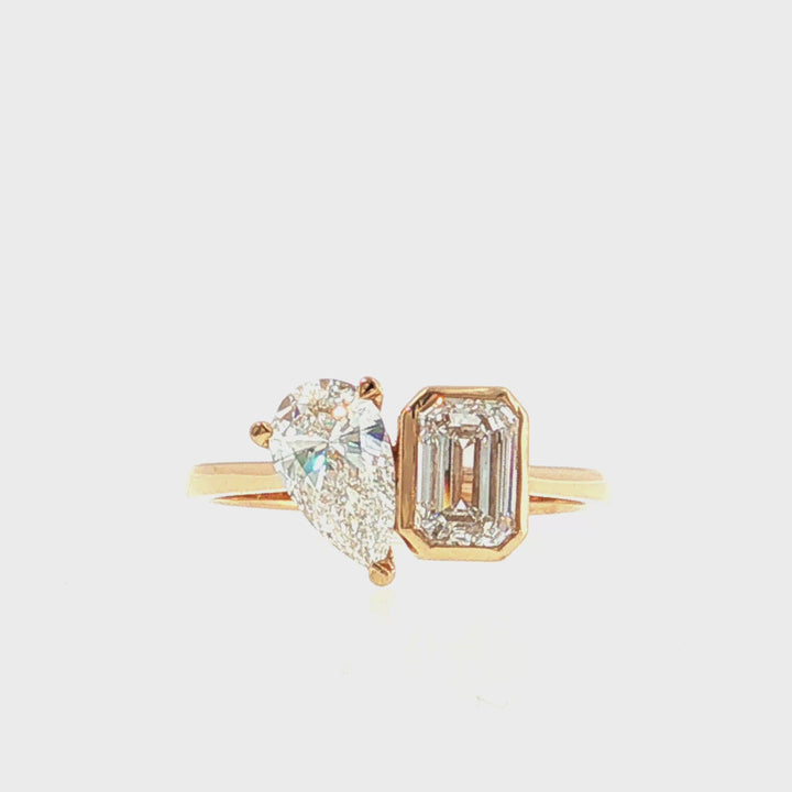Lab Grown Moi et Toi Pear and Bezel Set Emerald Diamond Ring