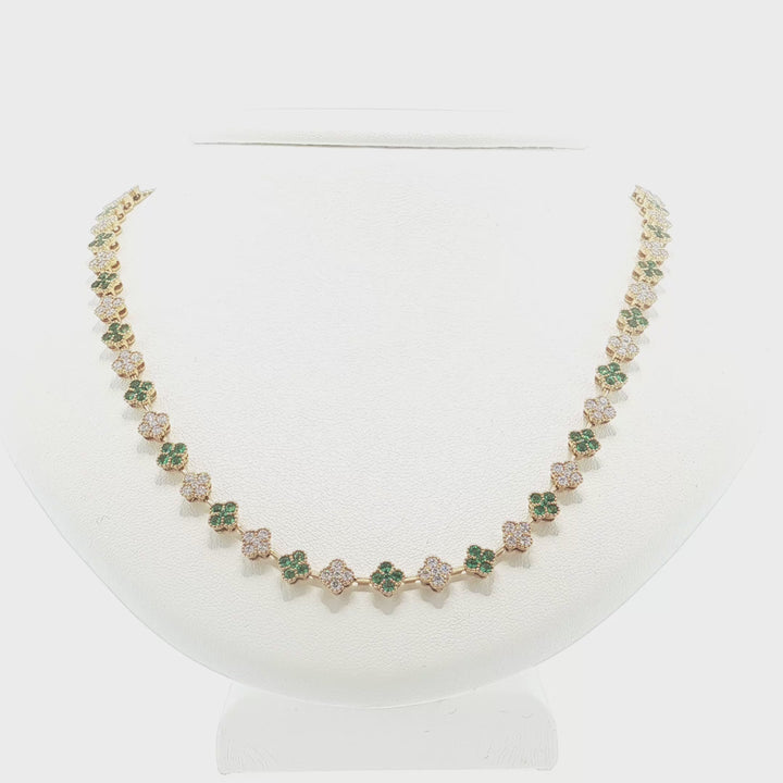 Diamond & Emerald Flower Link Necklace - NE0719-Y-E