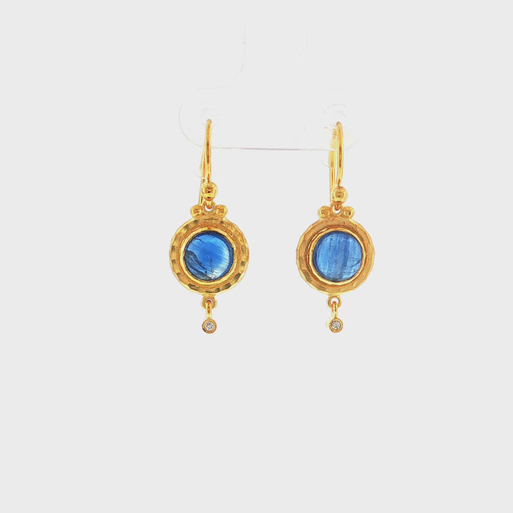 Round Cebuchon Kyanite & Diamond Dangling Earring w/ Hammered Finish Bezel Set