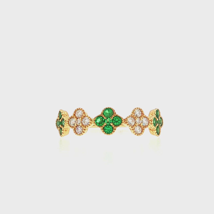 Diamond & Emerald Flower Band with Milgrain Details - RN5424Y14E1